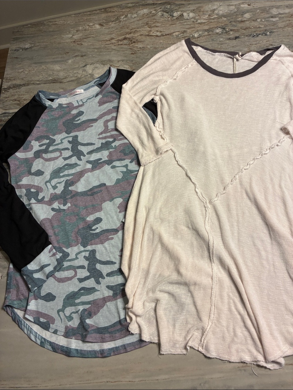 Camo Raglan baseball Tee & Cream Long Sleeve Tunic - Free People both NWOT Sz S